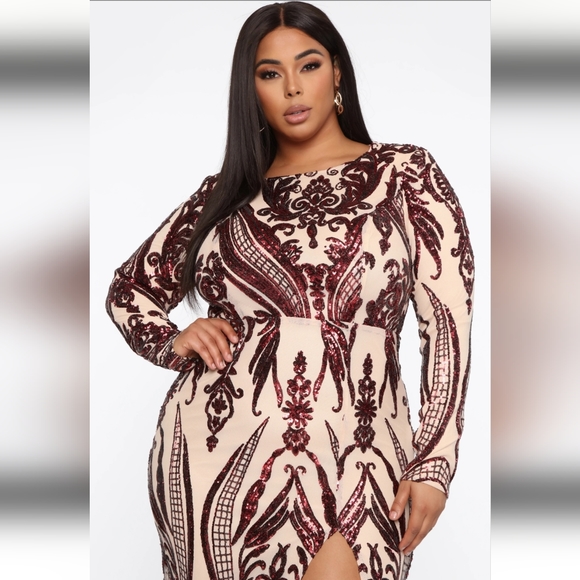 Fashion Nova Burgandy Sequin Maxi Formal Gown Sz 2X - Picture 3 of 9